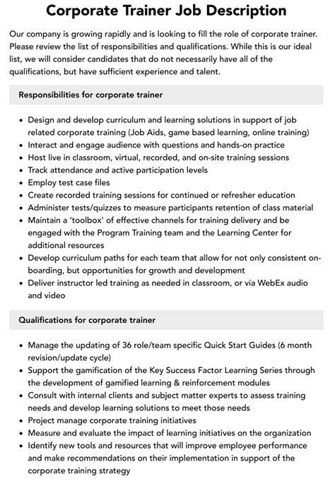 corporate trainer job description sample.